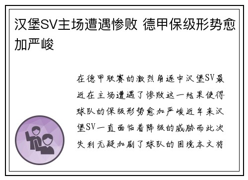 汉堡SV主场遭遇惨败 德甲保级形势愈加严峻